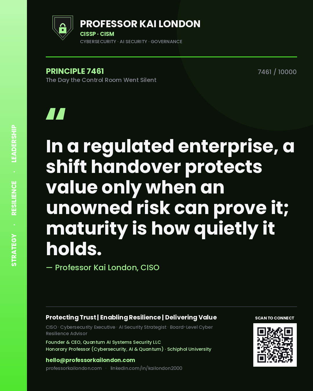 Quote card by Professor Kai London reading 'In a regulated enterprise, a shift handover protects value only when an unowned risk can prove it; maturity is how quietly it holds.'. From the book The Day the Control Room Went Silent.
