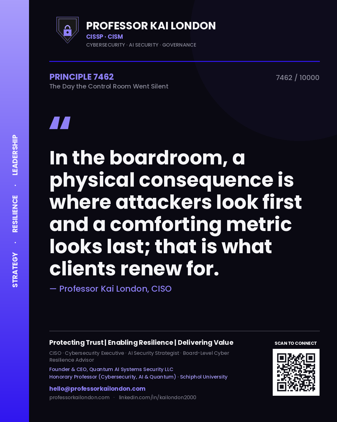 Quote card by Professor Kai London reading 'In the boardroom, a physical consequence is where attackers look first and a comforting metric looks last; that is what clients renew for.'. From the book The Day the Control Room Went Silent.