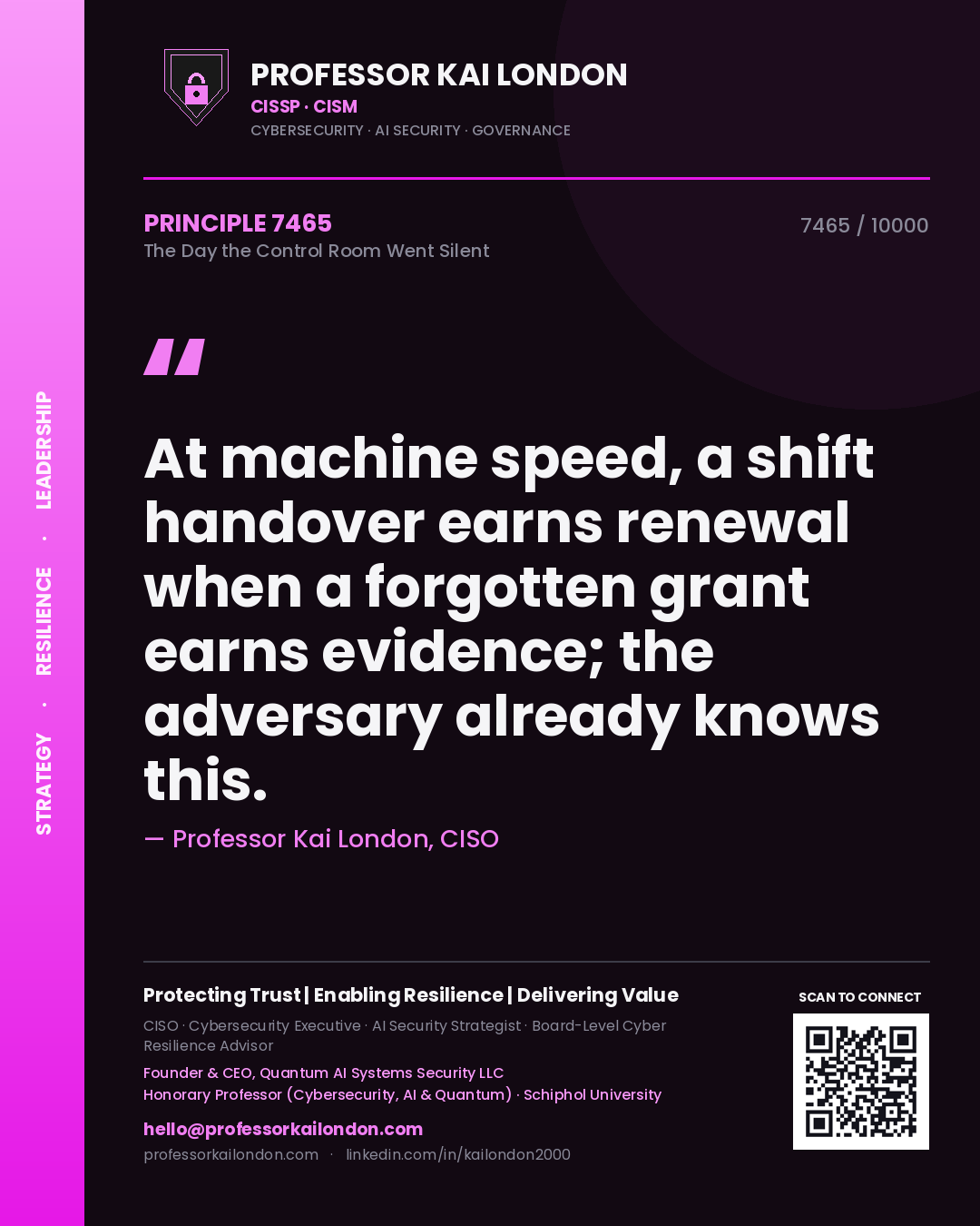 Quote card by Professor Kai London reading 'At machine speed, a shift handover earns renewal when a forgotten grant earns evidence; the adversary already knows this.'. From the book The Day the Control Room Went Silent.