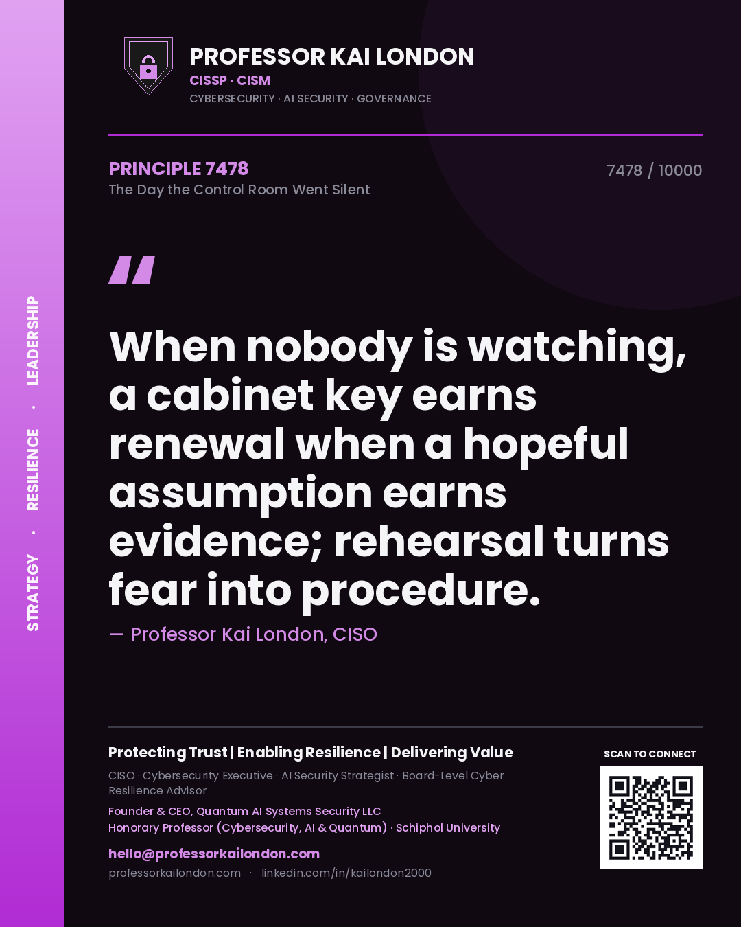 Quote card by Professor Kai London reading 'When nobody is watching, a cabinet key earns renewal when a hopeful assumption earns evidence; rehearsal turns fear into procedure.'. From the book The Day the Control Room Went Silent.