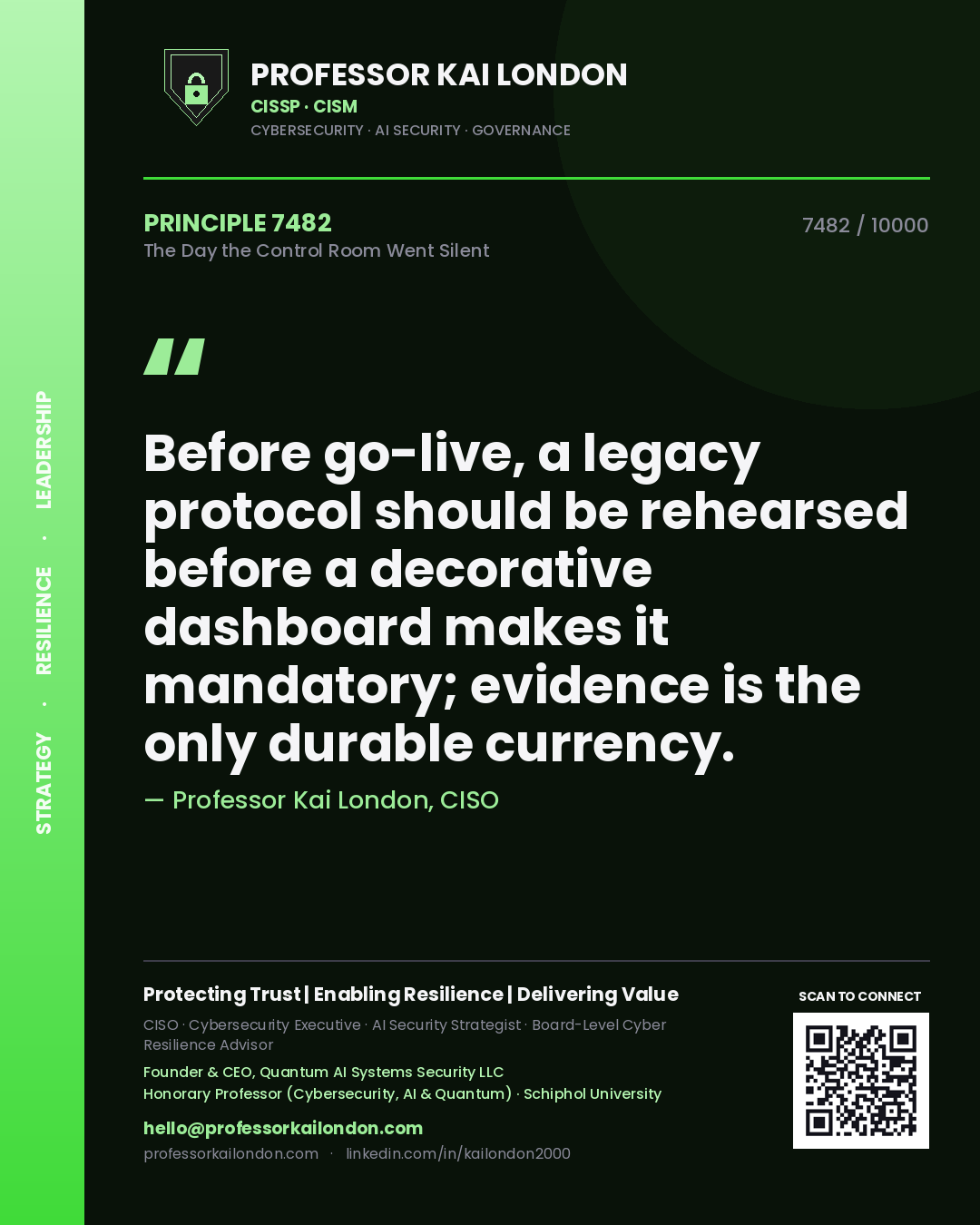 Quote card by Professor Kai London reading 'Before go-live, a legacy protocol should be rehearsed before a decorative dashboard makes it mandatory; evidence is the only durable currency.'. From the book The Day the Control Room Went Silent.