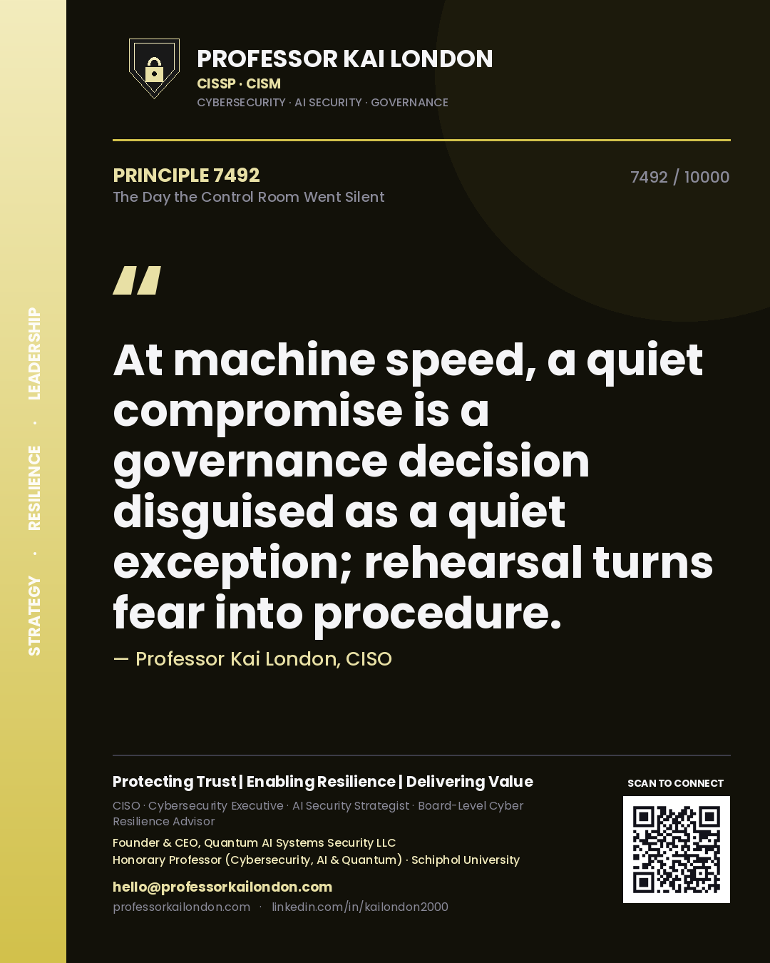 Quote card by Professor Kai London reading 'At machine speed, a quiet compromise is a governance decision disguised as a quiet exception; rehearsal turns fear into procedure.'. From the book The Day the Control Room Went Silent.