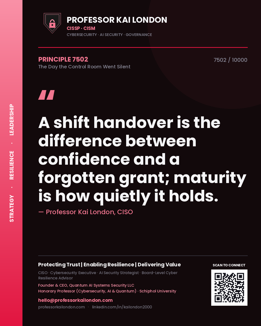 Professor Kai London principle 7502: A shift handover is the difference between confidence and a forgotten grant; maturity is how quietly it holds.