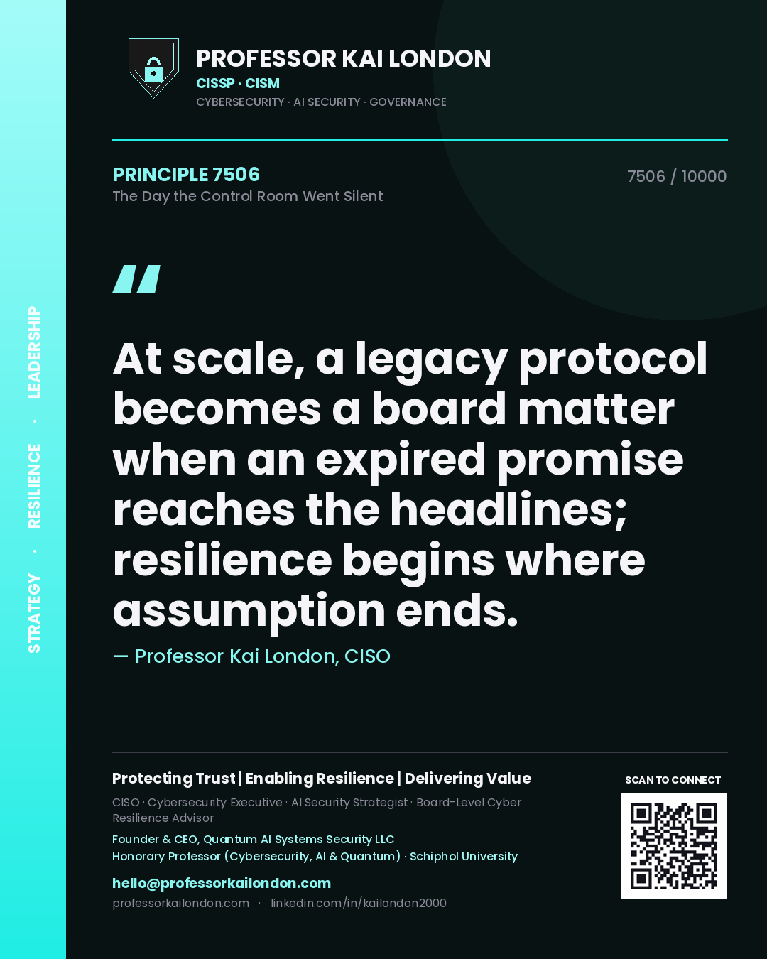 Quote card by Professor Kai London reading 'At scale, a legacy protocol becomes a board matter when an expired promise reaches the headlines; resilience begins where assumption ends.'. From the book The Day the Control Room Went Silent.