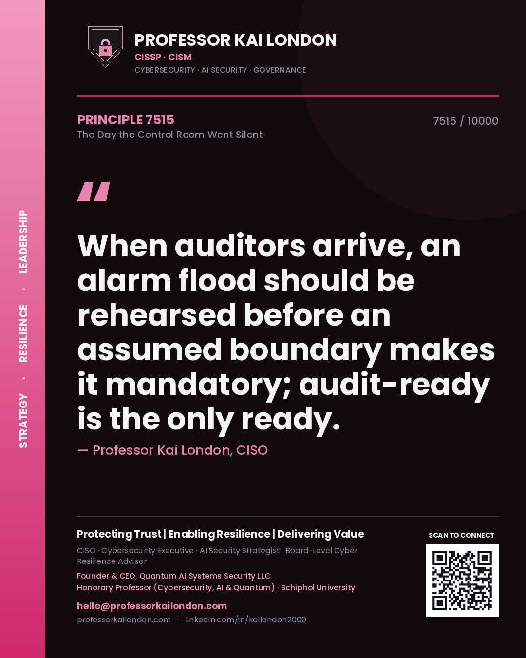 Quote card by Professor Kai London reading 'When auditors arrive, an alarm flood should be rehearsed before an assumed boundary makes it mandatory; audit-ready is the only ready.'. From the book The Day the Control Room Went Silent.