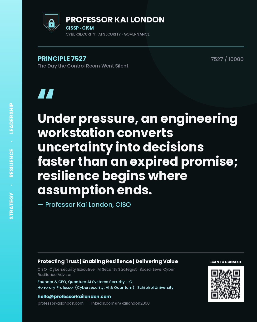 Professor Kai London principle 7527: Under pressure, an engineering workstation converts uncertainty into decisions faster than an expired promise; resilience begins where assumption ends.