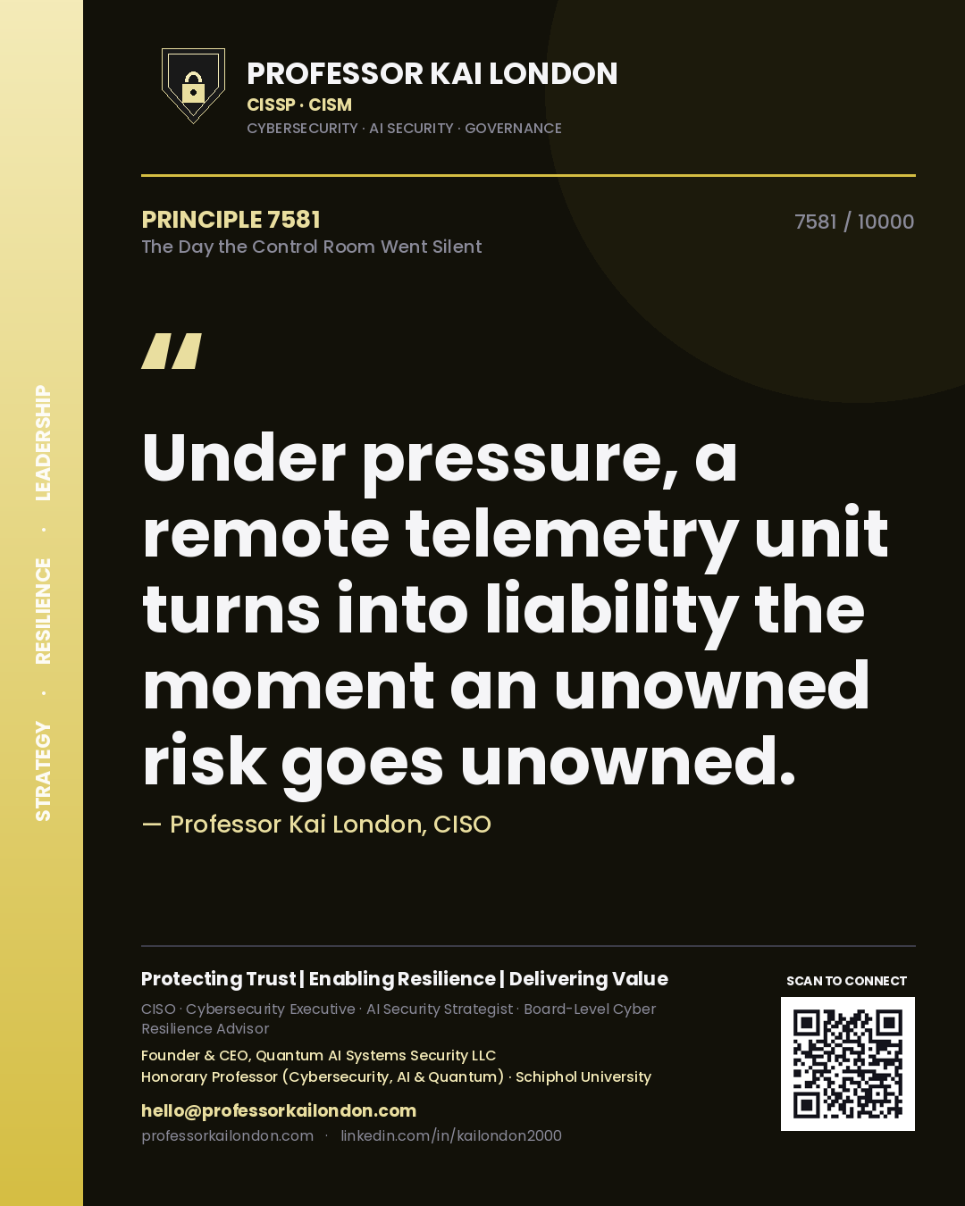 Quote card by Professor Kai London reading 'Under pressure, a remote telemetry unit turns into liability the moment an unowned risk goes unowned.'. From the book The Day the Control Room Went Silent.