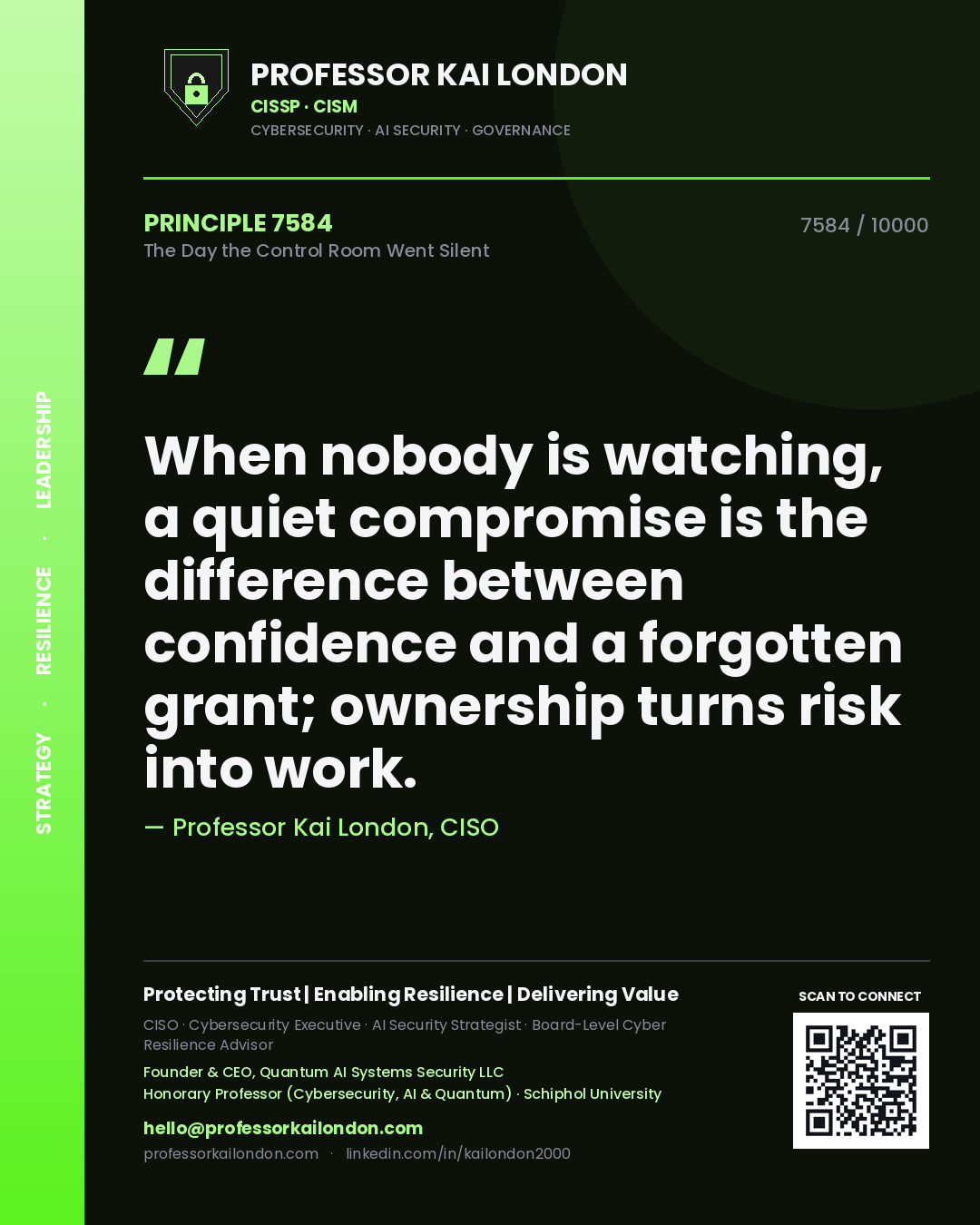 Quote card by Professor Kai London reading 'When nobody is watching, a quiet compromise is the difference between confidence and a forgotten grant; ownership turns risk into work.'. From the book The Day the Control Room Went Silent.