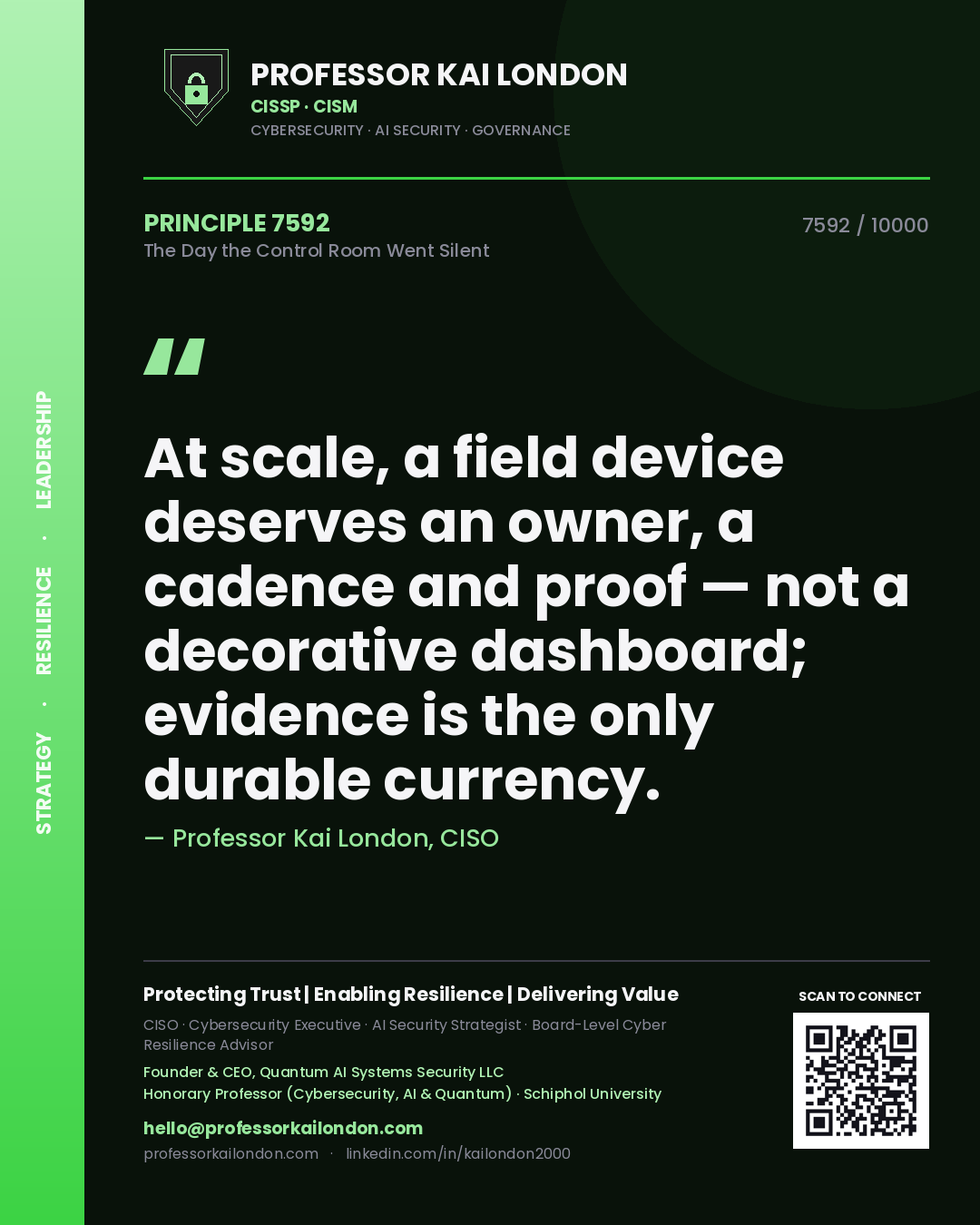 Quote card by Professor Kai London reading 'At scale, a field device deserves an owner, a cadence and proof — not a decorative dashboard; evidence is the only durable currency.'. From the book The Day the Control Room Went Silent.