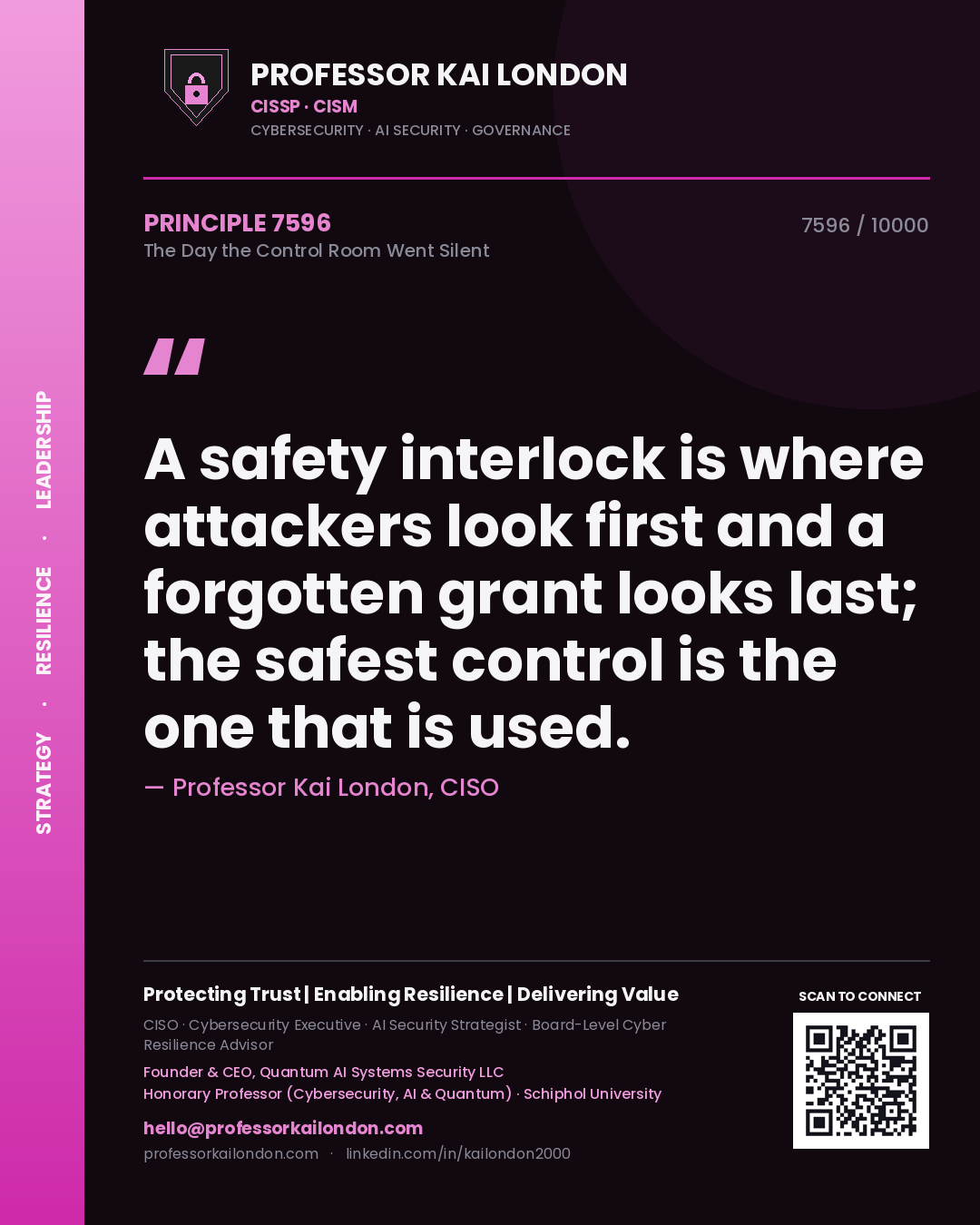 Quote card by Professor Kai London reading 'A safety interlock is where attackers look first and a forgotten grant looks last; the safest control is the one that is used.'. From the book The Day the Control Room Went Silent.