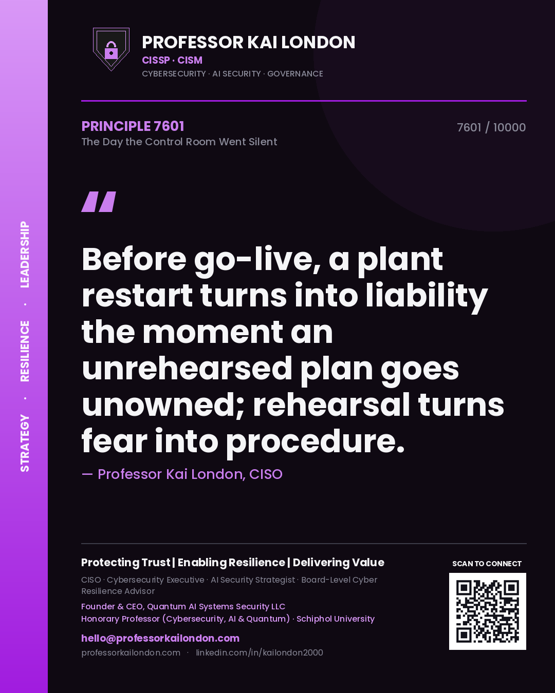 Quote card by Professor Kai London reading 'Before go-live, a plant restart turns into liability the moment an unrehearsed plan goes unowned; rehearsal turns fear into procedure.'. From the book The Day the Control Room Went Silent.