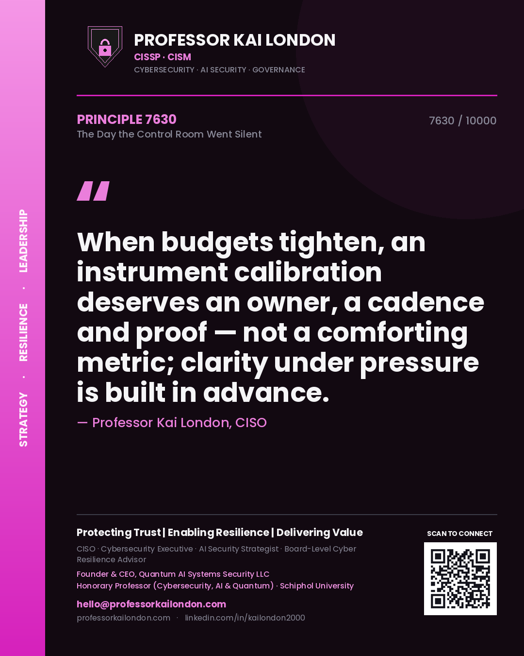 Quote card by Professor Kai London reading 'When budgets tighten, an instrument calibration deserves an owner, a cadence and proof — not a comforting metric; clarity under pressure is built in advance.'. From the book The Day the Control Room Went Silent.