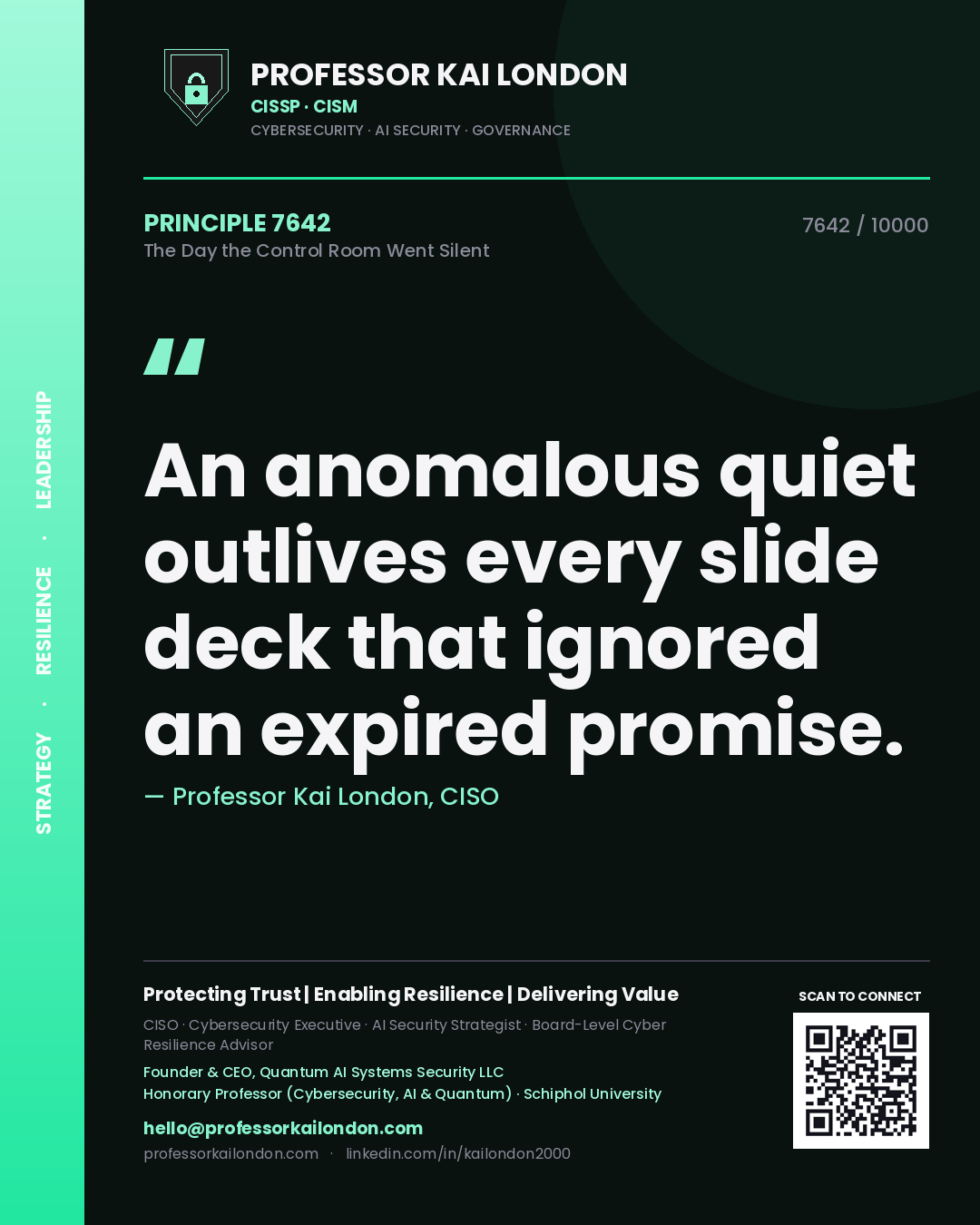 Quote card by Professor Kai London reading 'An anomalous quiet outlives every slide deck that ignored an expired promise.'. From the book The Day the Control Room Went Silent.