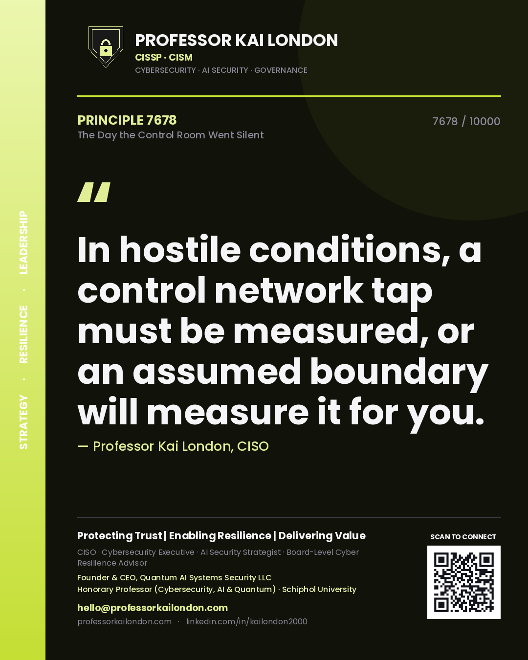 Quote card by Professor Kai London reading 'In hostile conditions, a control network tap must be measured, or an assumed boundary will measure it for you.'. From the book The Day the Control Room Went Silent.
