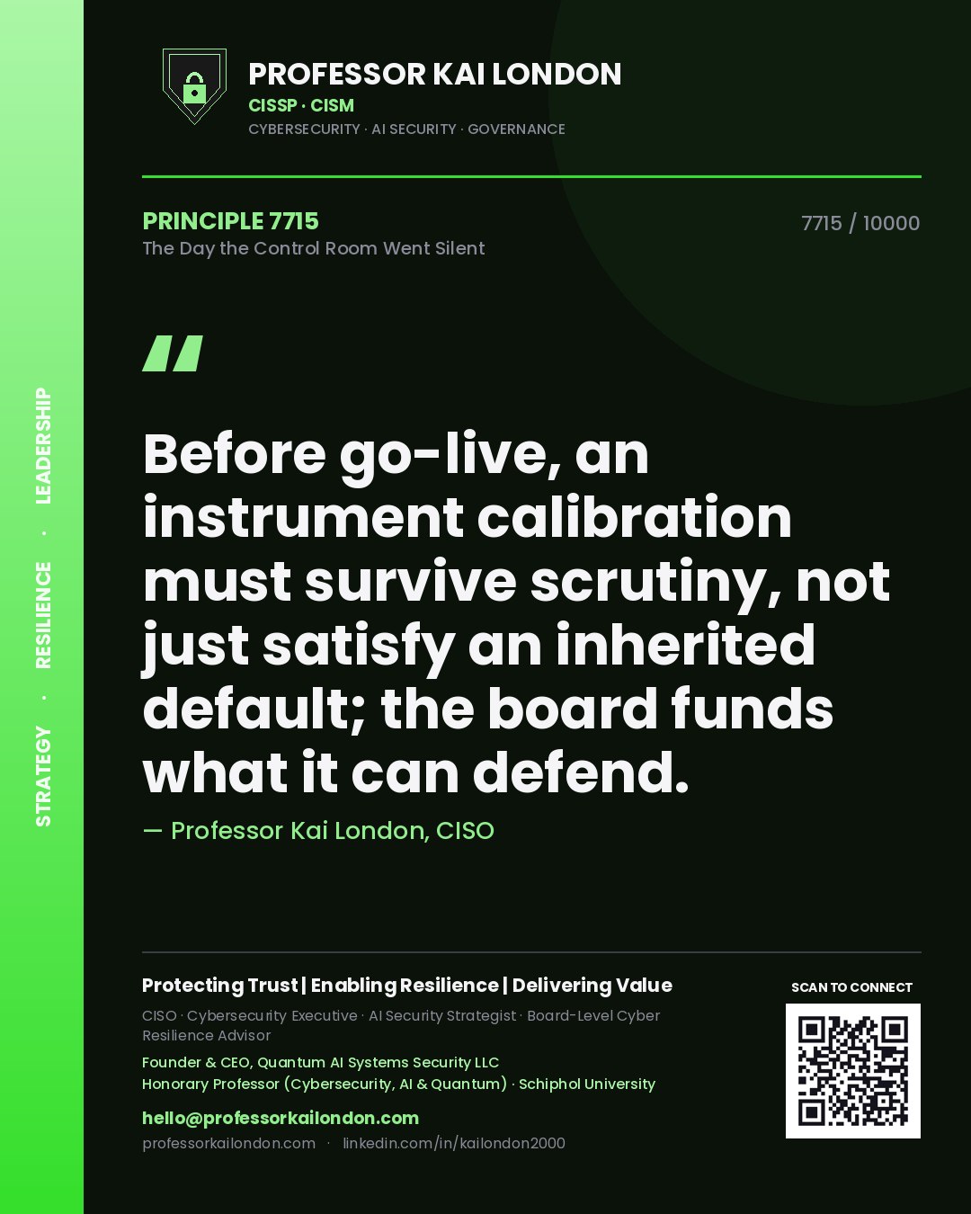 Quote card by Professor Kai London reading 'Before go-live, an instrument calibration must survive scrutiny, not just satisfy an inherited default; the board funds what it can defend.'. From the book The Day the Control Room Went Silent.