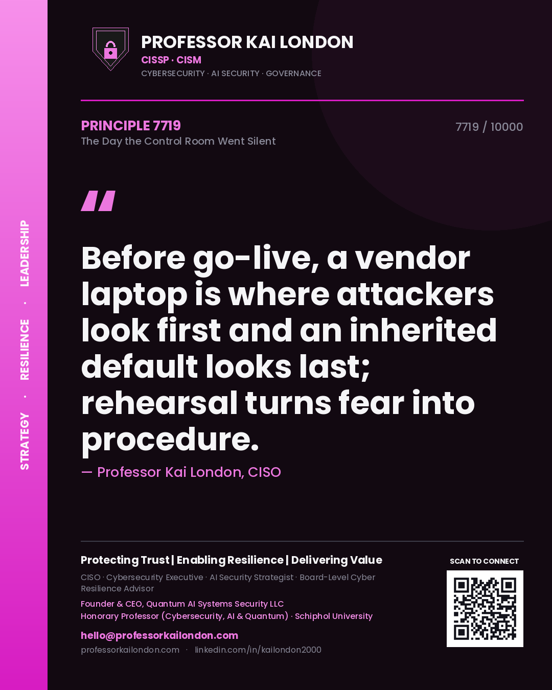 Professor Kai London principle 7719: Before go-live, a vendor laptop is where attackers look first and an inherited default looks last; rehearsal turns fear into procedure.