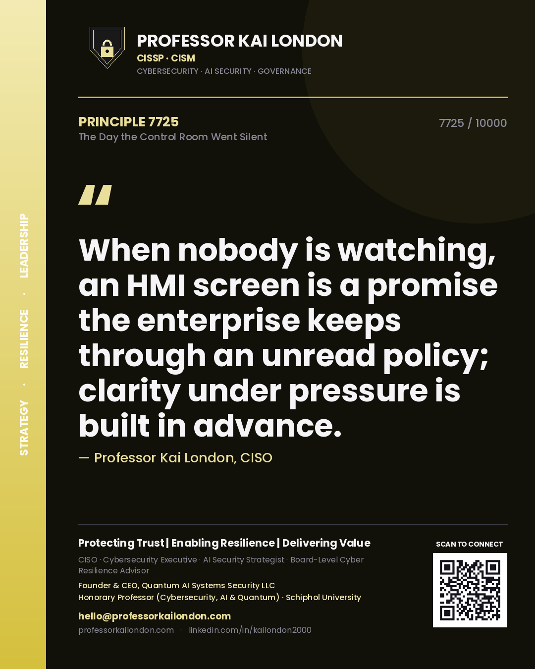 Quote card by Professor Kai London reading 'When nobody is watching, an HMI screen is a promise the enterprise keeps through an unread policy; clarity under pressure is built in advance.'. From the book The Day the Control Room Went Silent.