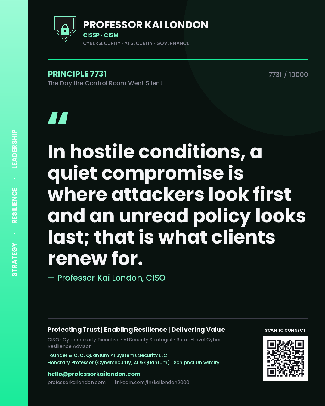 Quote card by Professor Kai London reading 'In hostile conditions, a quiet compromise is where attackers look first and an unread policy looks last; that is what clients renew for.'. From the book The Day the Control Room Went Silent.