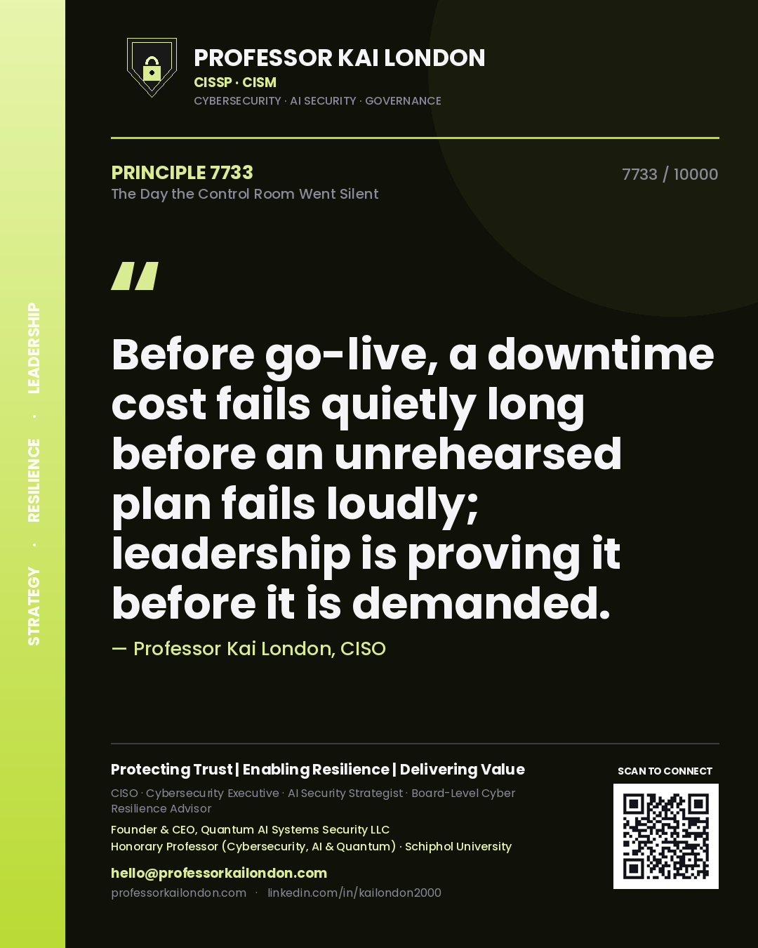 Quote card by Professor Kai London reading 'Before go-live, a downtime cost fails quietly long before an unrehearsed plan fails loudly; leadership is proving it before it is demanded.'. From the book The Day the Control Room Went Silent.