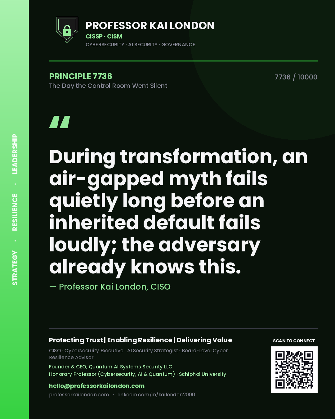 Quote card by Professor Kai London reading 'During transformation, an air-gapped myth fails quietly long before an inherited default fails loudly; the adversary already knows this.'. From the book The Day the Control Room Went Silent.