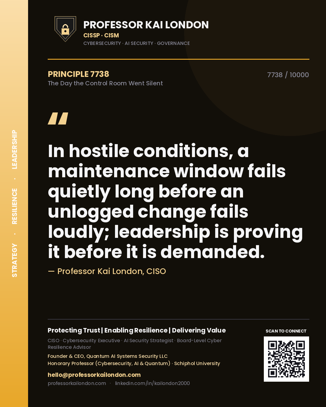 Quote card by Professor Kai London reading 'In hostile conditions, a maintenance window fails quietly long before an unlogged change fails loudly; leadership is proving it before it is demanded.'. From the book The Day the Control Room Went Silent.
