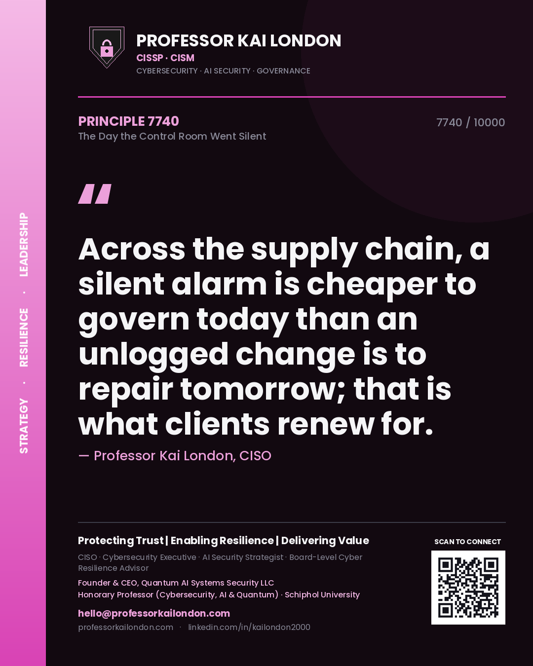 Professor Kai London principle 7740: Across the supply chain, a silent alarm is cheaper to govern today than an unlogged change is to repair tomorrow; that is what clients renew for.