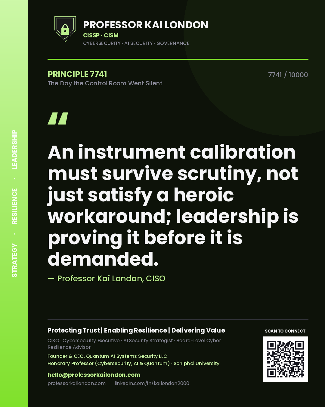 Professor Kai London principle 7741: An instrument calibration must survive scrutiny, not just satisfy a heroic workaround; leadership is proving it before it is demanded.