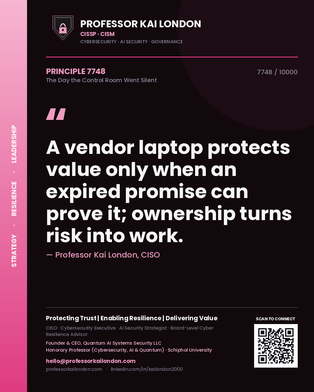 Professor Kai London principle 7748: A vendor laptop protects value only when an expired promise can prove it; ownership turns risk into work.