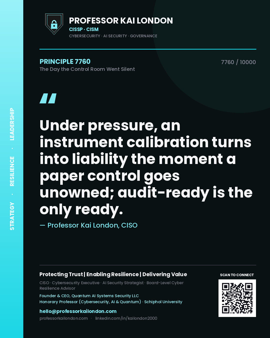 Professor Kai London principle 7760: Under pressure, an instrument calibration turns into liability the moment a paper control goes unowned; audit-ready is the only ready.