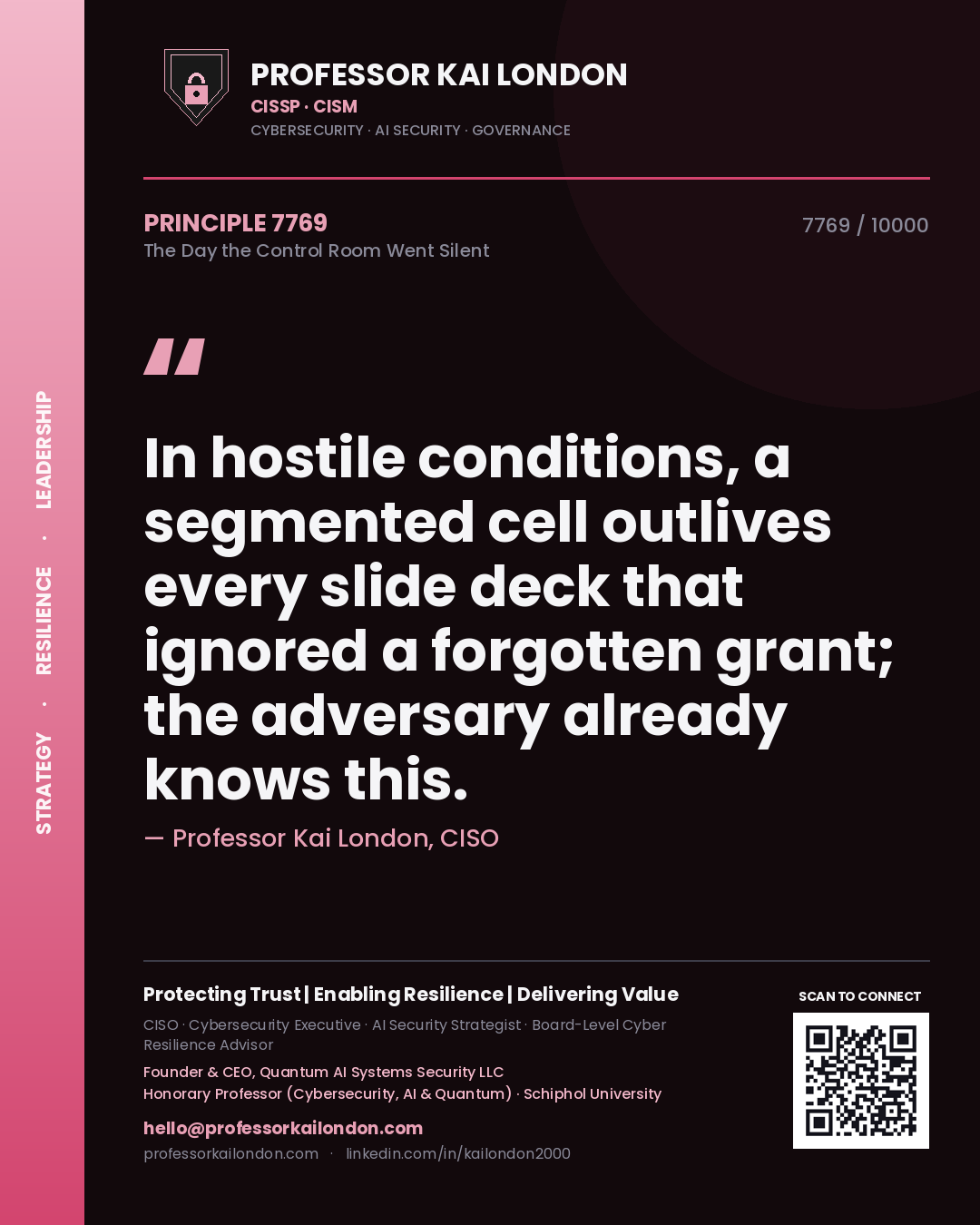 Quote card by Professor Kai London reading 'In hostile conditions, a segmented cell outlives every slide deck that ignored a forgotten grant; the adversary already knows this.'. From the book The Day the Control Room Went Silent.