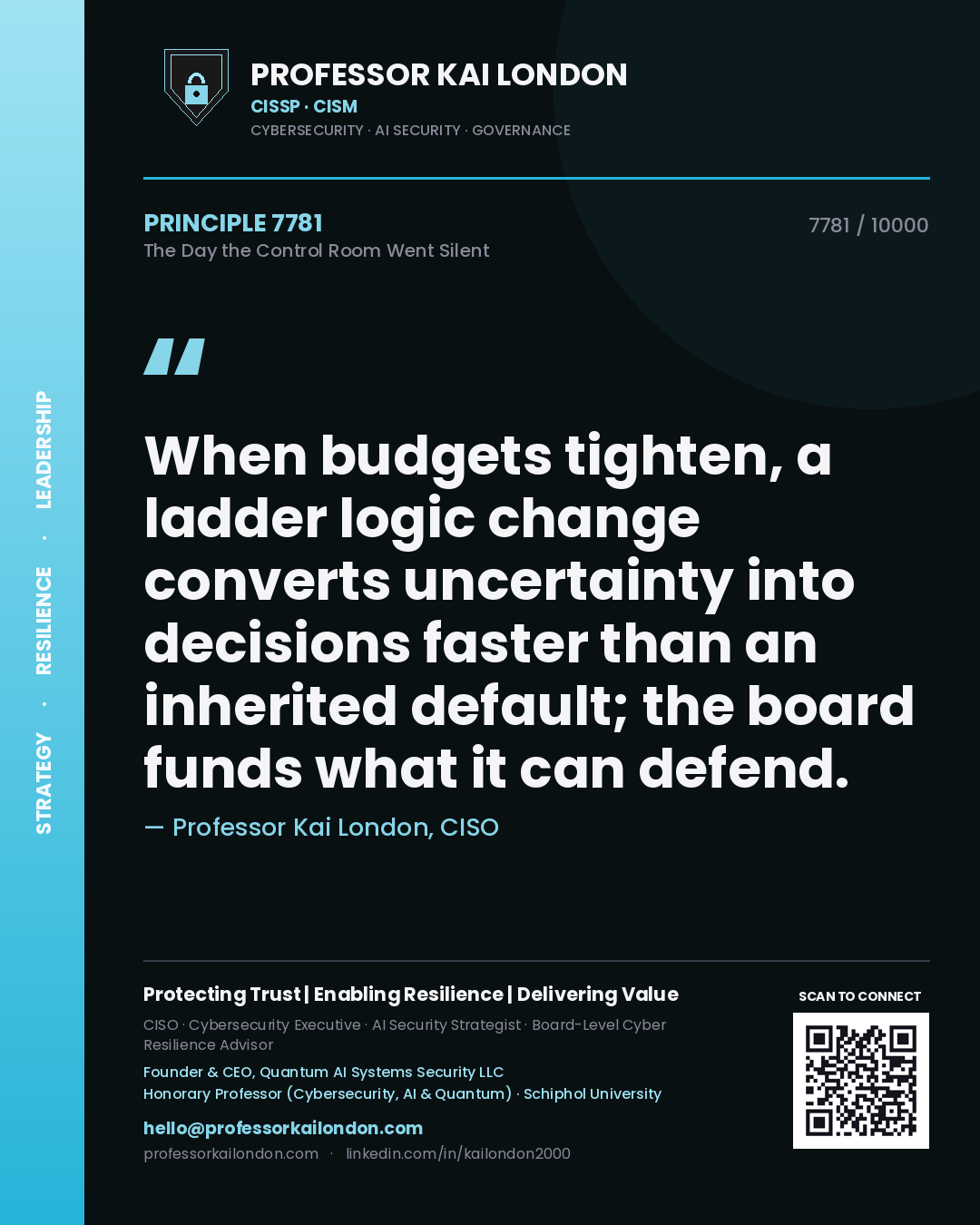 Quote card by Professor Kai London reading 'When budgets tighten, a ladder logic change converts uncertainty into decisions faster than an inherited default; the board funds what it can defend.'. From the book The Day the Control Room Went Silent.