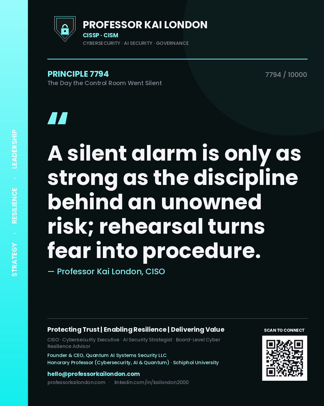 Professor Kai London principle 7794: A silent alarm is only as strong as the discipline behind an unowned risk; rehearsal turns fear into procedure.