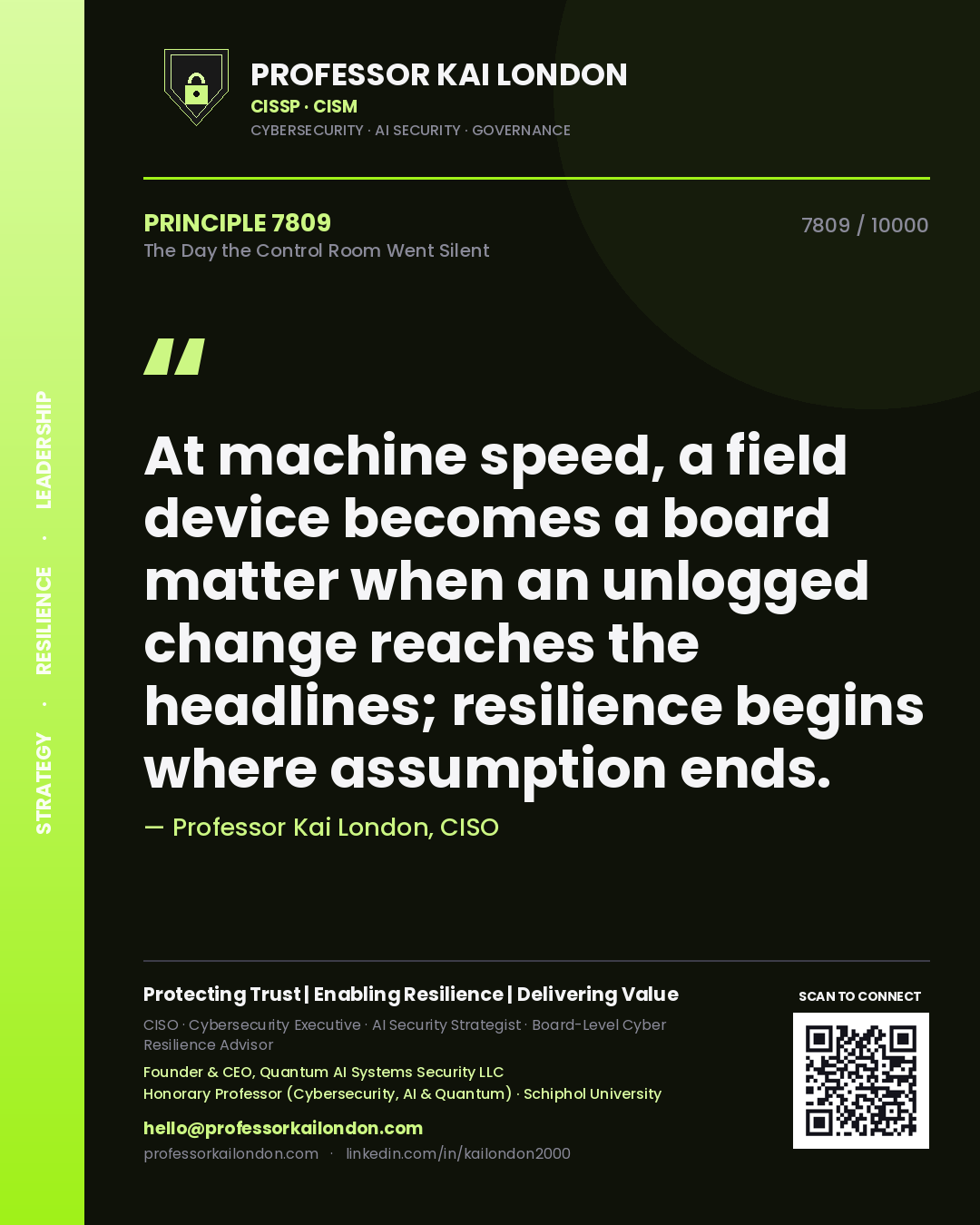 Quote card by Professor Kai London reading 'At machine speed, a field device becomes a board matter when an unlogged change reaches the headlines; resilience begins where assumption ends.'. From the book The Day the Control Room Went Silent.