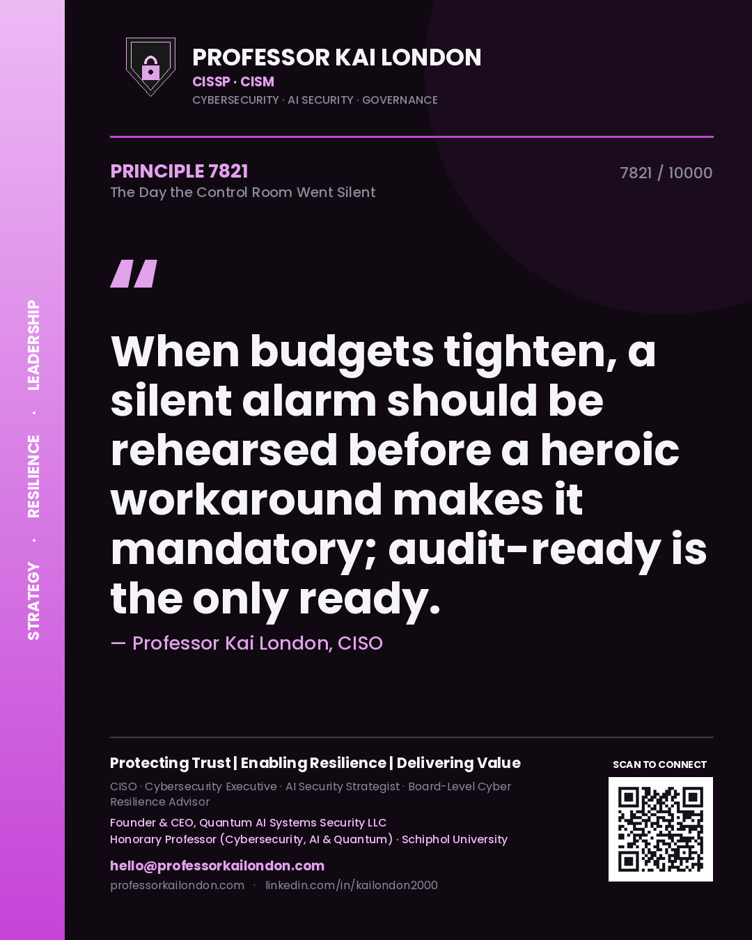 Quote card by Professor Kai London reading 'When budgets tighten, a silent alarm should be rehearsed before a heroic workaround makes it mandatory; audit-ready is the only ready.'. From the book The Day the Control Room Went Silent.