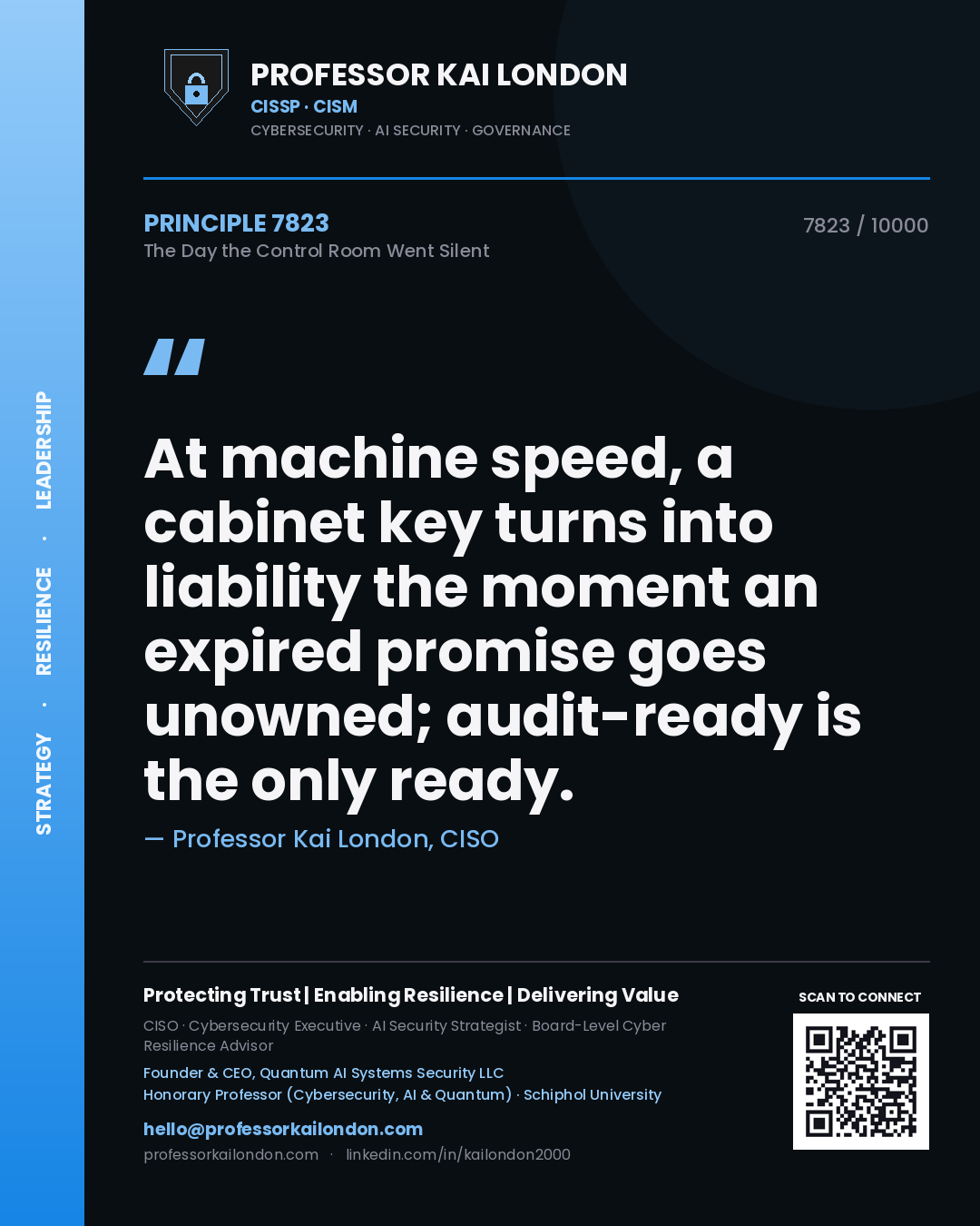 Quote card by Professor Kai London reading 'At machine speed, a cabinet key turns into liability the moment an expired promise goes unowned; audit-ready is the only ready.'. From the book The Day the Control Room Went Silent.