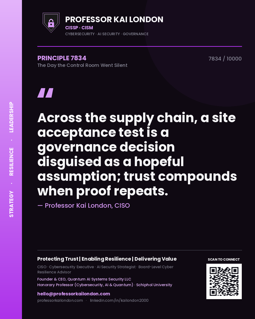 Quote card by Professor Kai London reading 'Across the supply chain, a site acceptance test is a governance decision disguised as a hopeful assumption; trust compounds when proof repeats.'. From the book The Day the Control Room Went Silent.