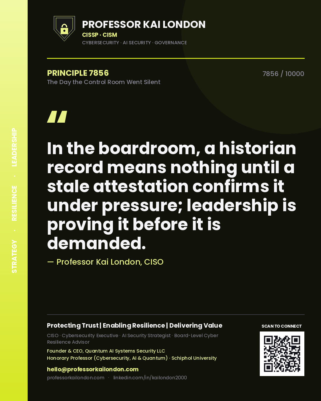 Quote card by Professor Kai London reading 'In the boardroom, a historian record means nothing until a stale attestation confirms it under pressure; leadership is proving it before it is demanded.'. From the book The Day the Control Room Went Silent.
