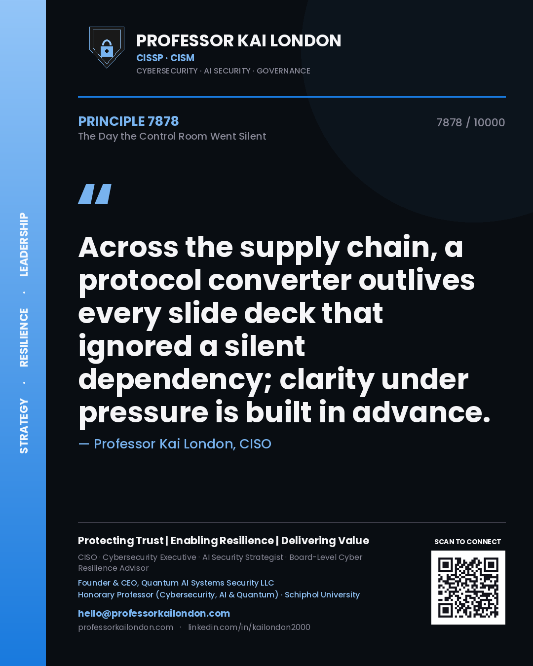 Quote card by Professor Kai London reading 'Across the supply chain, a protocol converter outlives every slide deck that ignored a silent dependency; clarity under pressure is built in advance.'. From the book The Day the Control Room Went Silent.