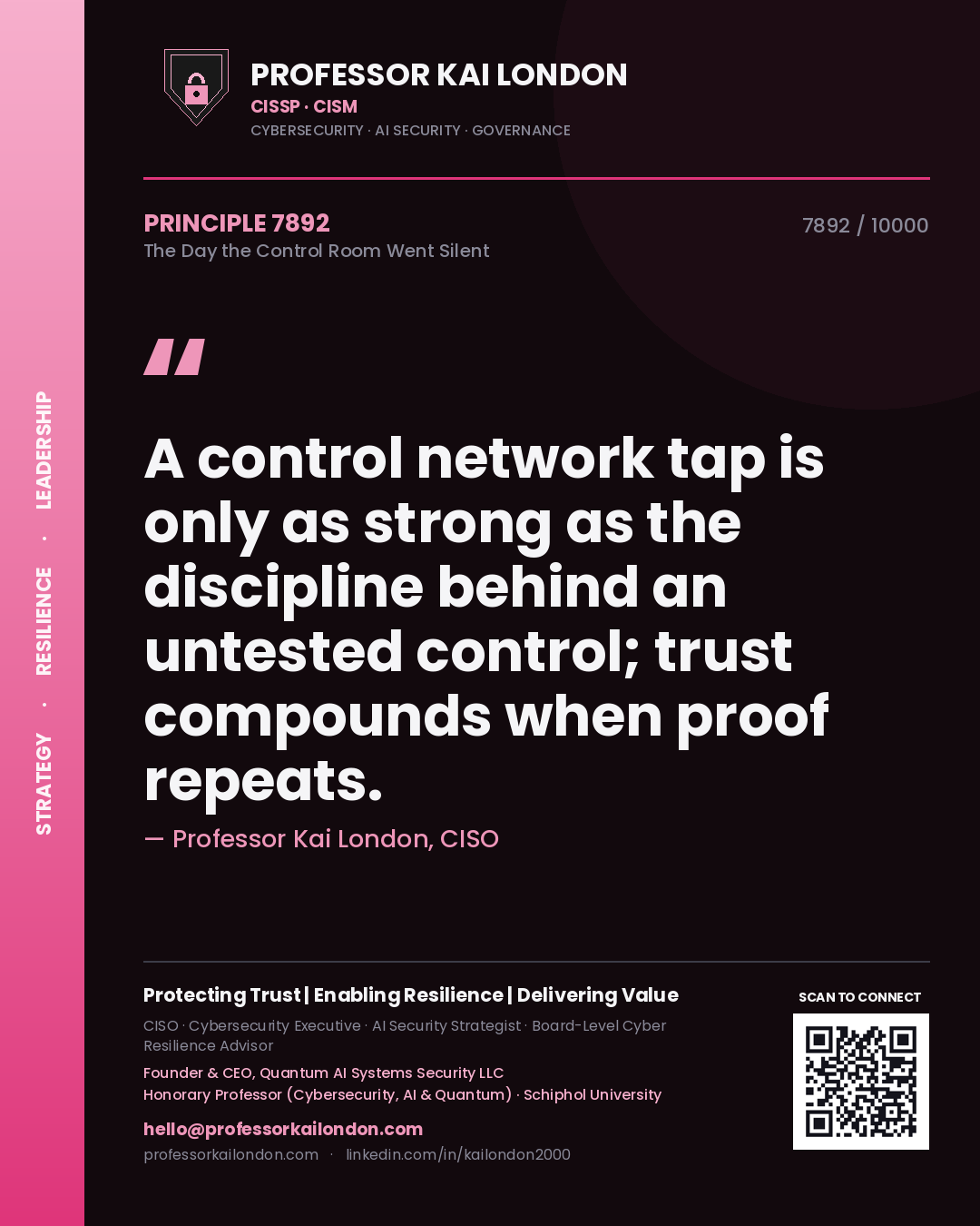 Quote card by Professor Kai London reading 'A control network tap is only as strong as the discipline behind an untested control; trust compounds when proof repeats.'. From the book The Day the Control Room Went Silent.
