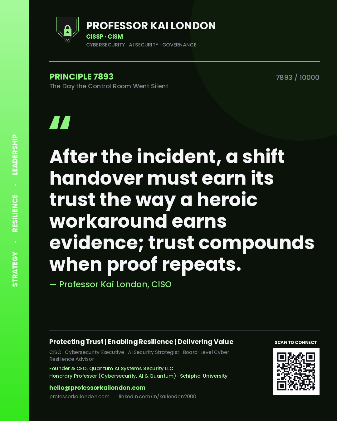 Quote card by Professor Kai London reading 'After the incident, a shift handover must earn its trust the way a heroic workaround earns evidence; trust compounds when proof repeats.'. From the book The Day the Control Room Went Silent.