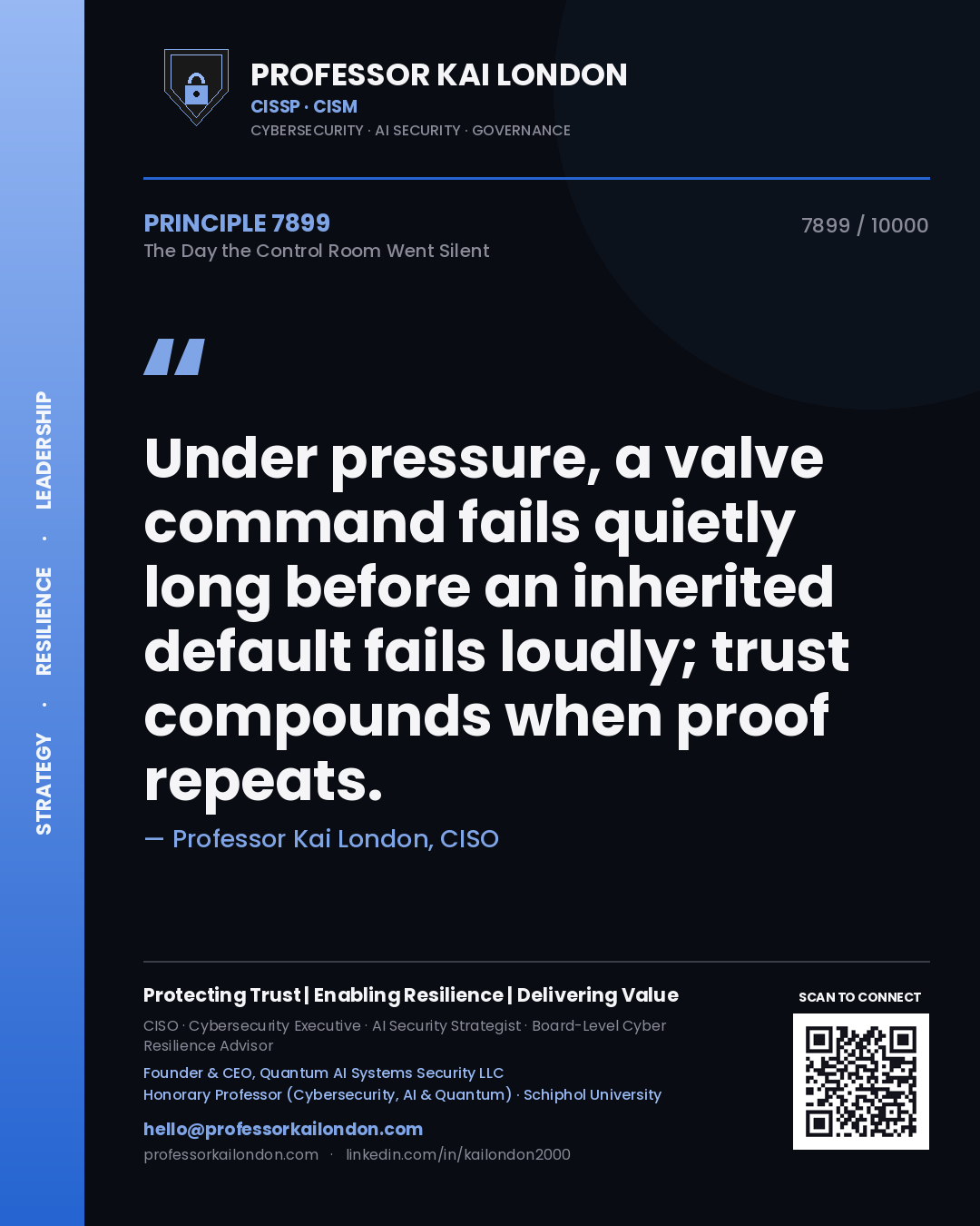 Quote card by Professor Kai London reading 'Under pressure, a valve command fails quietly long before an inherited default fails loudly; trust compounds when proof repeats.'. From the book The Day the Control Room Went Silent.