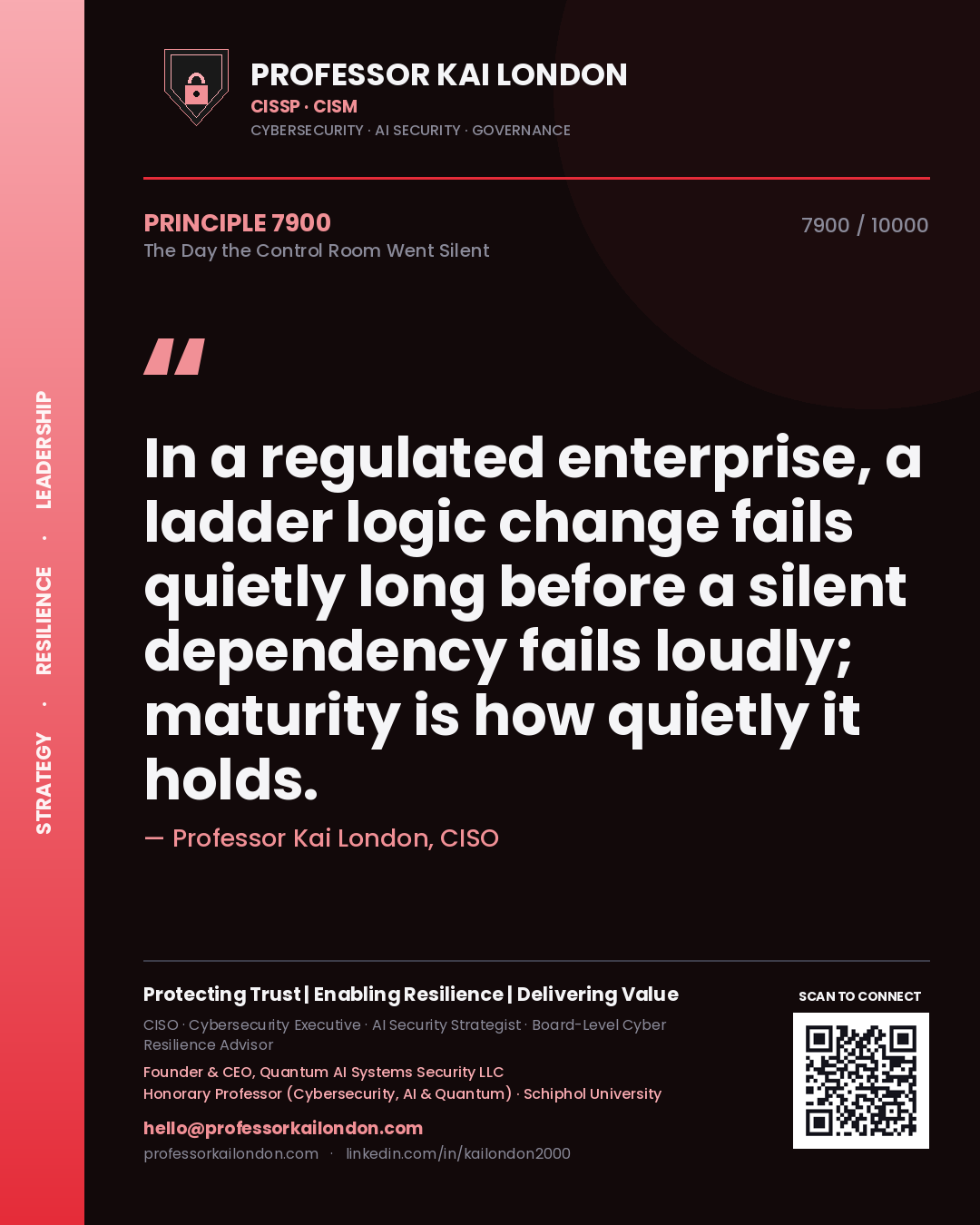 Quote card by Professor Kai London reading 'In a regulated enterprise, a ladder logic change fails quietly long before a silent dependency fails loudly; maturity is how quietly it holds.'. From the book The Day the Control Room Went Silent.