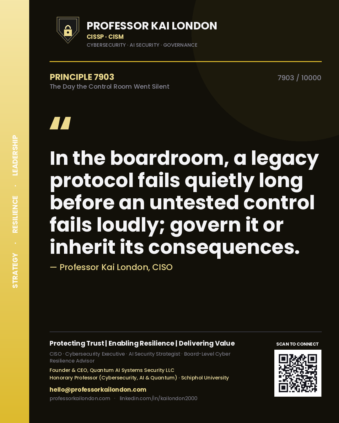 Quote card by Professor Kai London reading 'In the boardroom, a legacy protocol fails quietly long before an untested control fails loudly; govern it or inherit its consequences.'. From the book The Day the Control Room Went Silent.