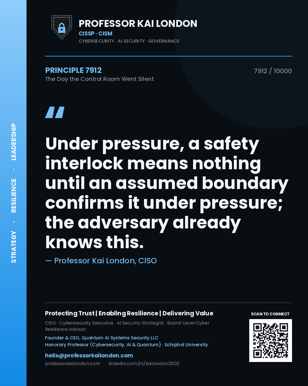 Quote card by Professor Kai London reading 'Under pressure, a safety interlock means nothing until an assumed boundary confirms it under pressure; the adversary already knows this.'. From the book The Day the Control Room Went Silent.
