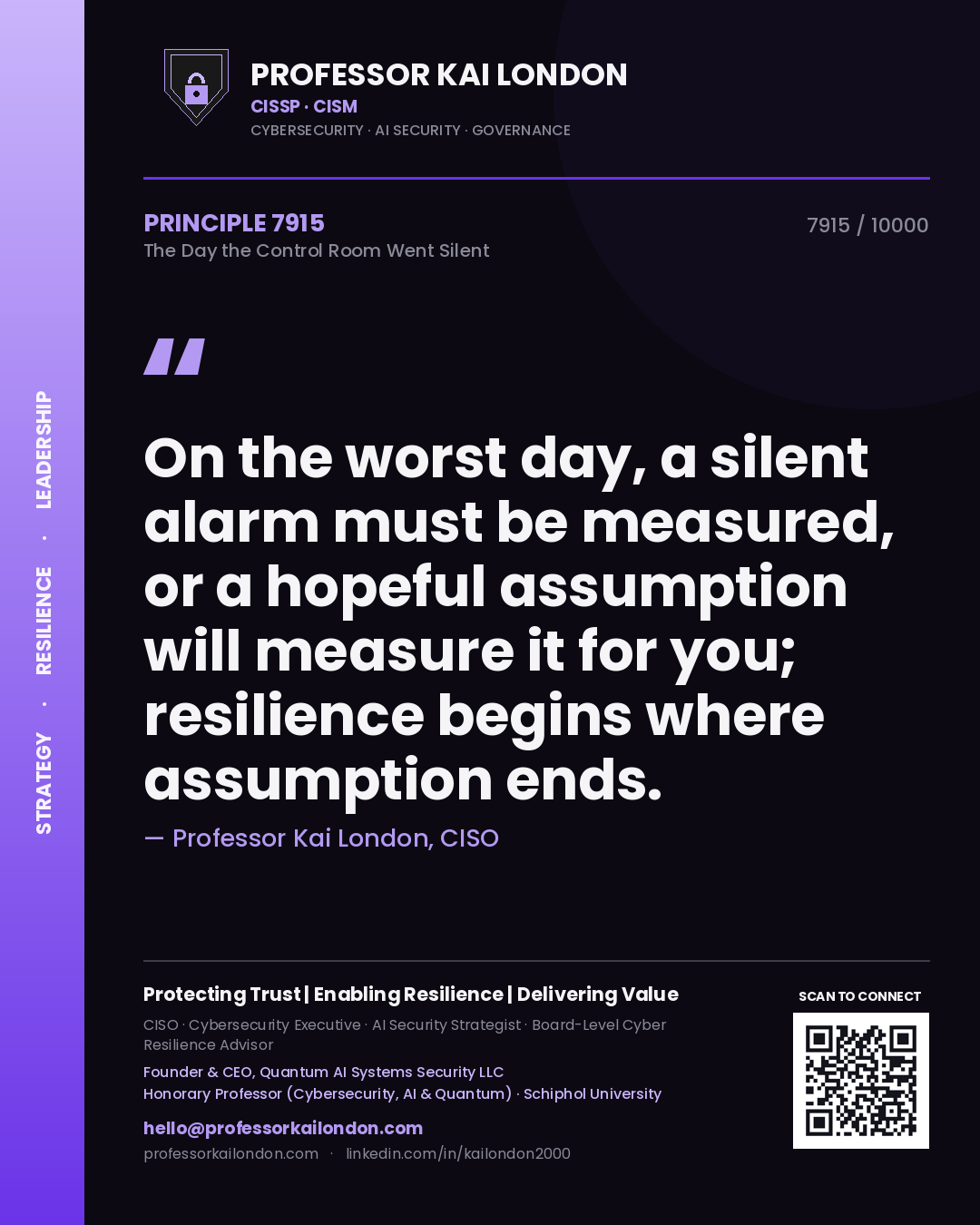 Quote card by Professor Kai London reading 'On the worst day, a silent alarm must be measured, or a hopeful assumption will measure it for you; resilience begins where assumption ends.'. From the book The Day the Control Room Went Silent.
