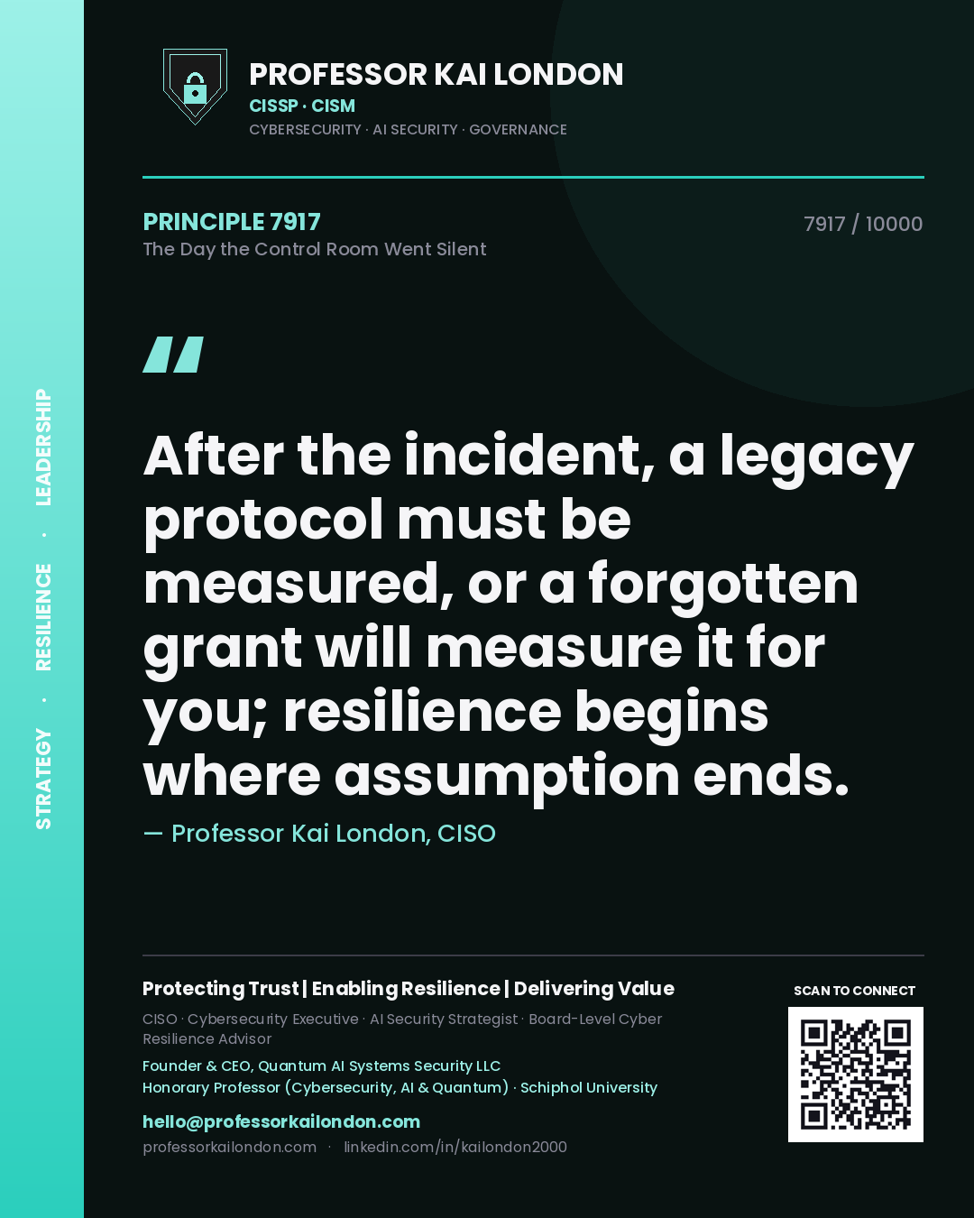 Quote card by Professor Kai London reading 'After the incident, a legacy protocol must be measured, or a forgotten grant will measure it for you; resilience begins where assumption ends.'. From the book The Day the Control Room Went Silent.