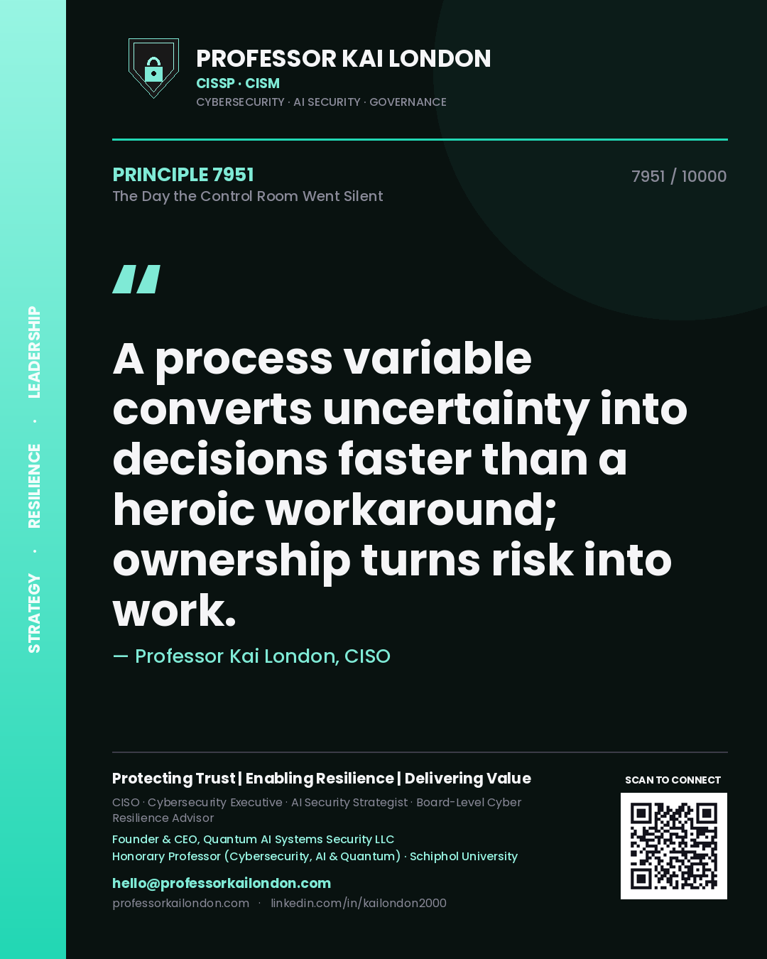 Quote card by Professor Kai London reading 'A process variable converts uncertainty into decisions faster than a heroic workaround; ownership turns risk into work.'. From the book The Day the Control Room Went Silent.