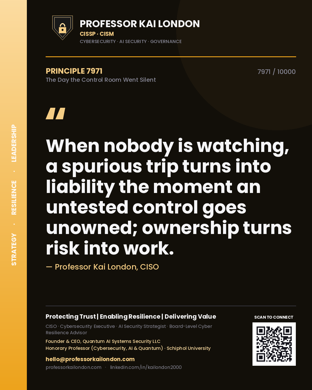Quote card by Professor Kai London reading 'When nobody is watching, a spurious trip turns into liability the moment an untested control goes unowned; ownership turns risk into work.'. From the book The Day the Control Room Went Silent.