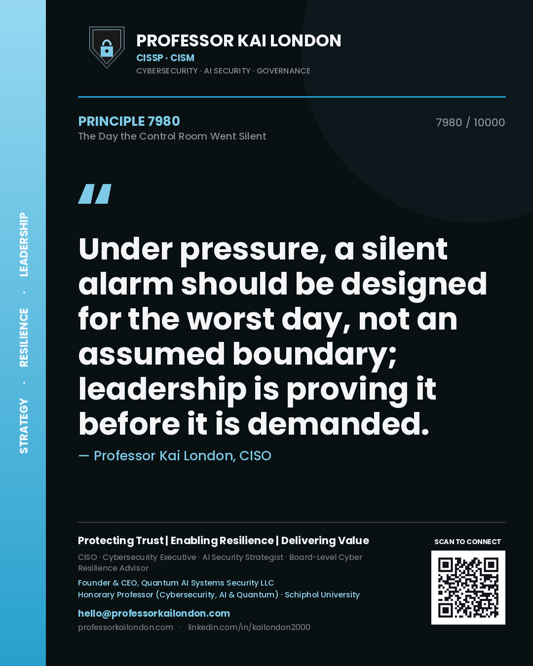 Quote card by Professor Kai London reading 'Under pressure, a silent alarm should be designed for the worst day, not an assumed boundary; leadership is proving it before it is demanded.'. From the book The Day the Control Room Went Silent.