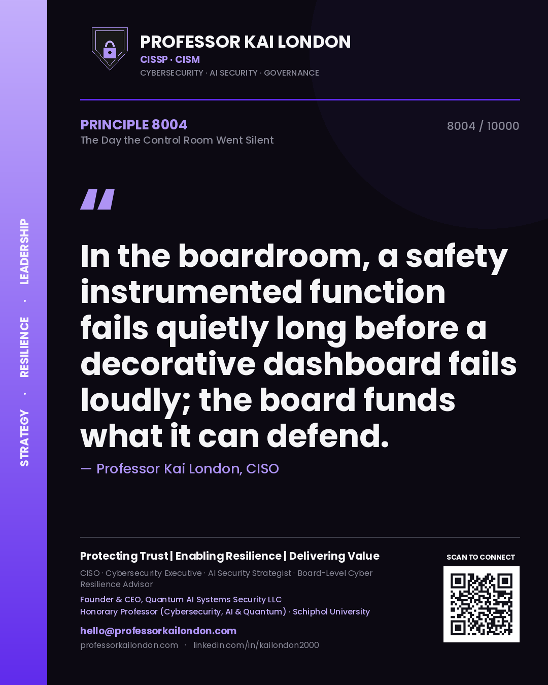 Professor Kai London principle 8004: In the boardroom, a safety instrumented function fails quietly long before a decorative dashboard fails loudly; the board funds what it can defend.